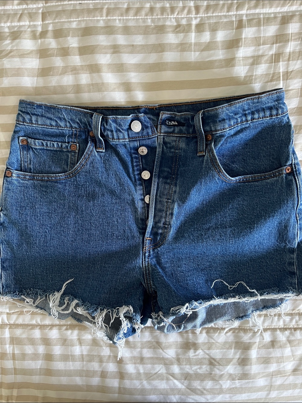 Levi's Dark Blue Distressed Button-Fly Denim Shorts